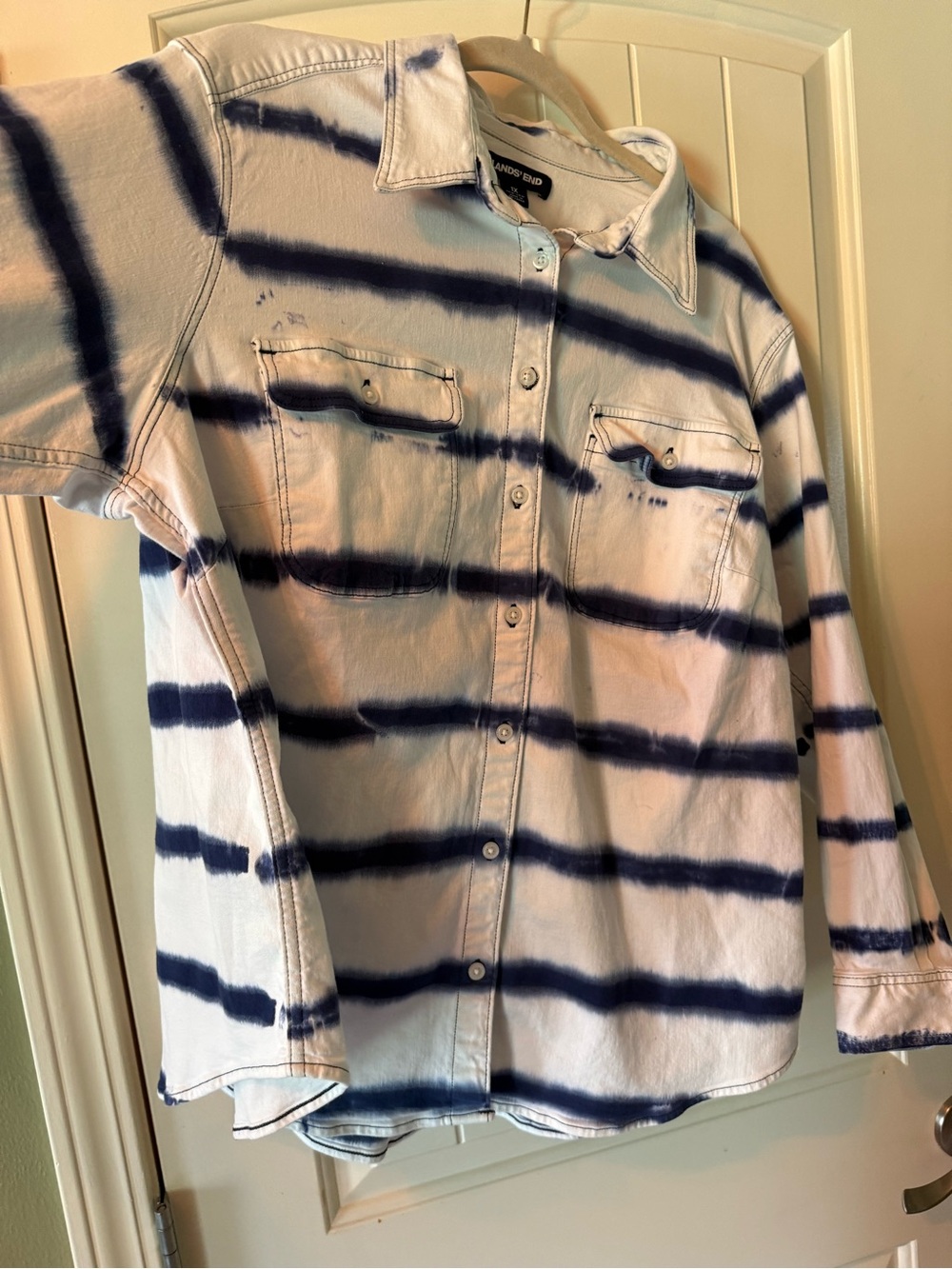 Lands' End White Button-Down Shirt with Navy Stripe Tie-Dye 1X Cotton